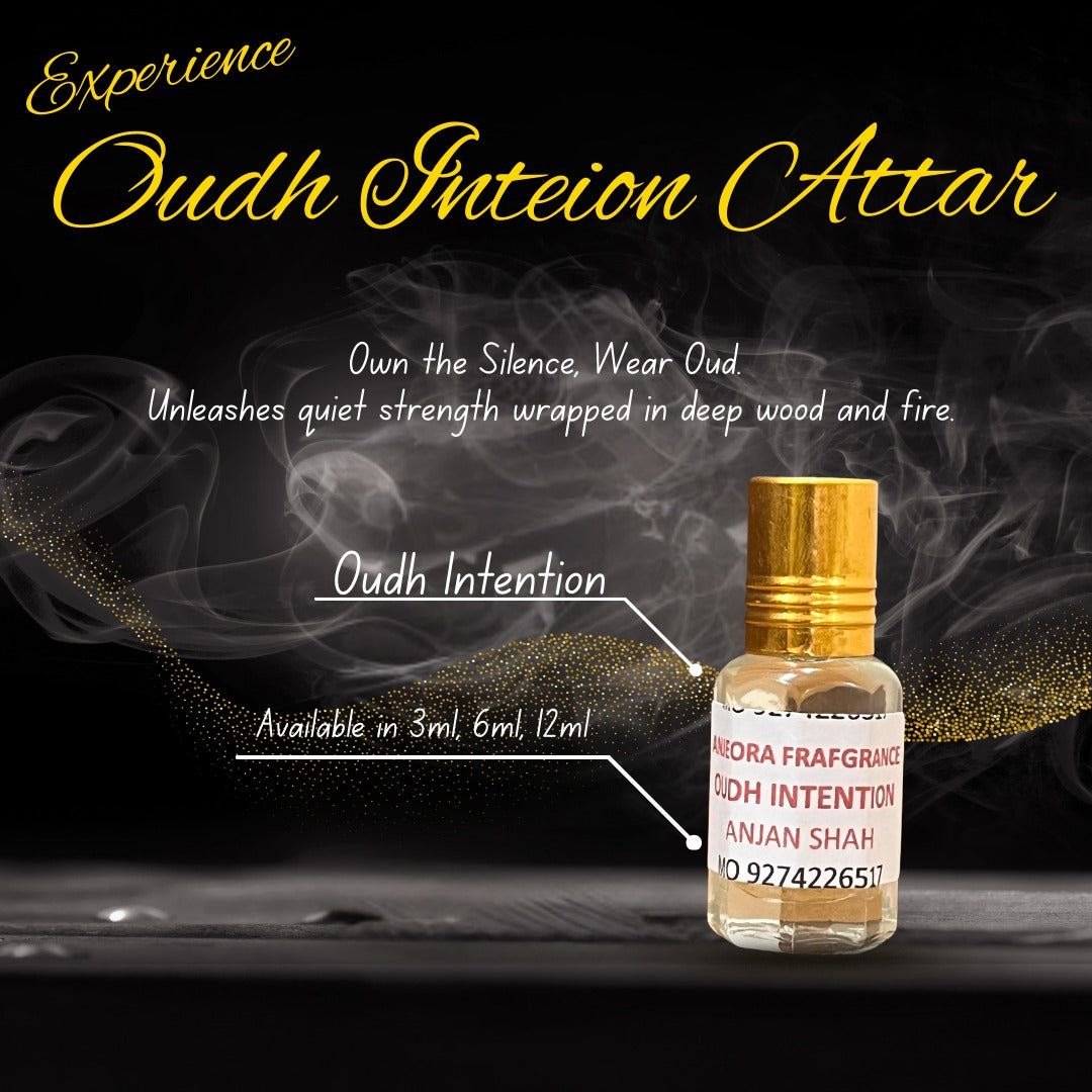 Anjeora Oudh Inteion Attar in a small glass bottle showcasing long-lasting oudh attar fragrance for a unique scent experience