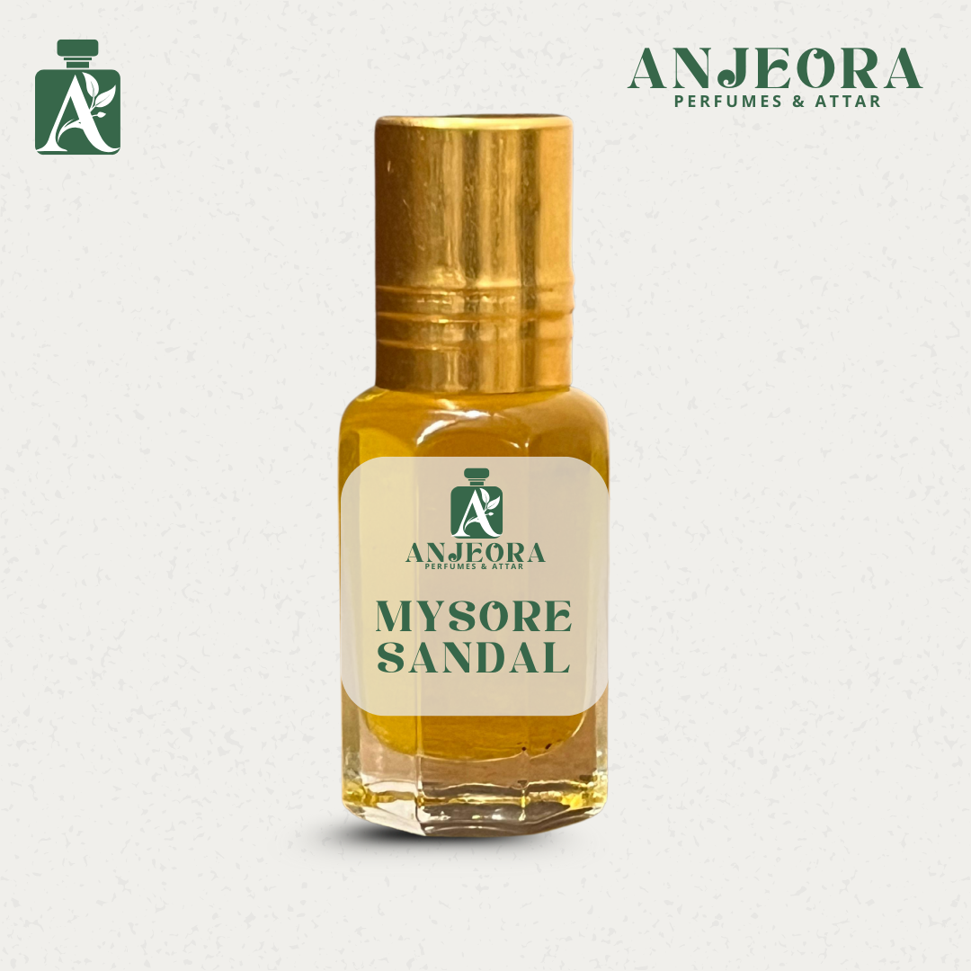 Anjeora Mysore Sandal Fragrance Oil in a small bottle featuring a long-lasting sandalwood fragrance
