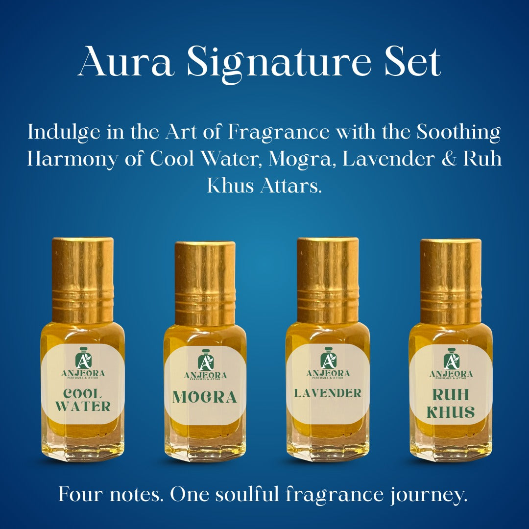 Aura Signature Set featuring Cool Water, Mogra, Lavender, and Ruh Khus from the Signature Attar Collection