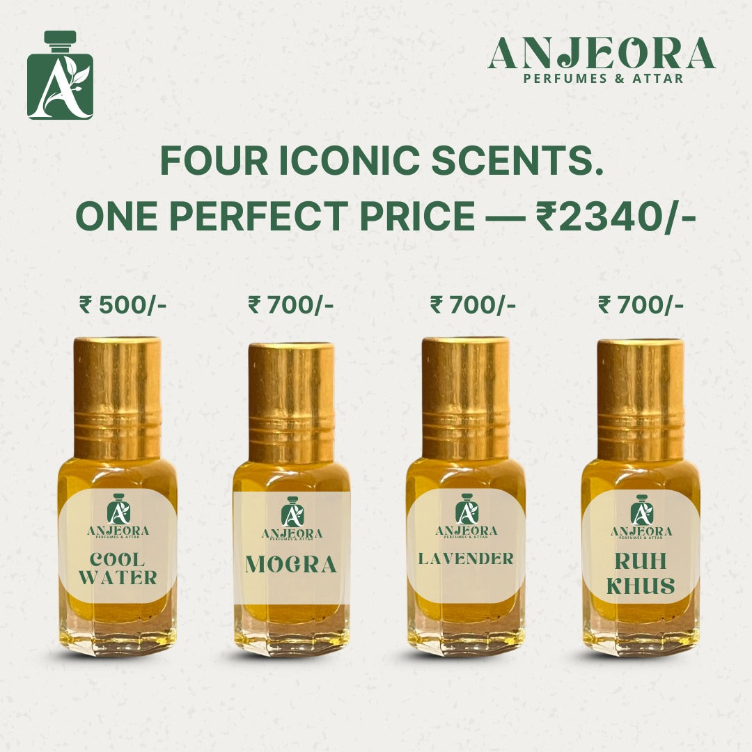 Glam6 Signature Attar Collection featuring four iconic scents in elegant bottles