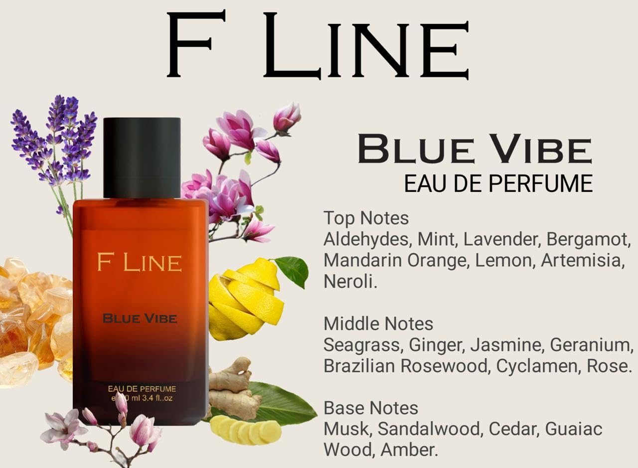 F Line Blue Vibe Eau de Parfum featuring long-lasting blue vibe scent with floral and woody notes