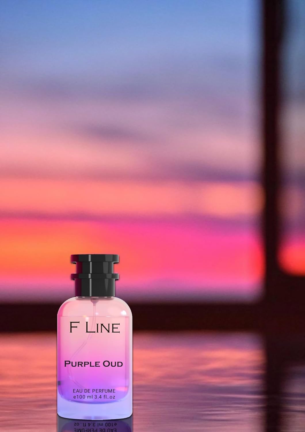 F Line Purple Oud Perfume Bottle with Elegant Design and Soft Glow Effect on a Sunset Background