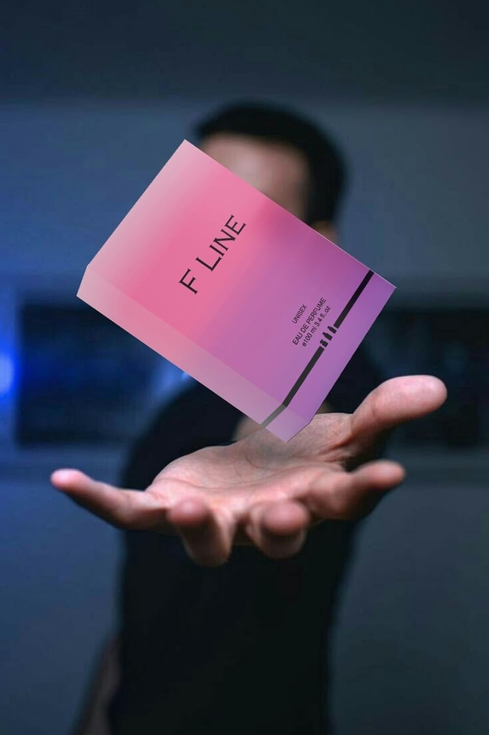 F Line Purple Oud Perfume Box Floating in Hand with Elegant Design and Soft Colors