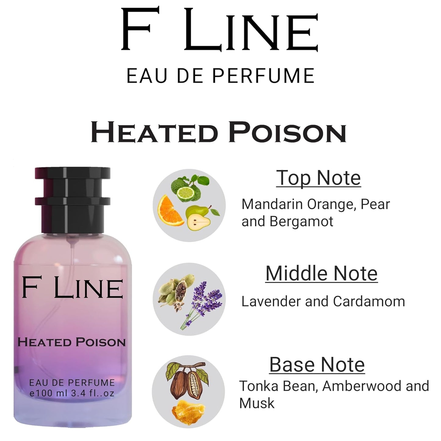 F Line Heated Poison unisex luxury perfume with notes of mandarin, lavender, and musk in a stylish bottle