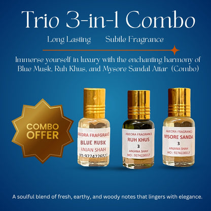Anjeora Trio 3-in-1 Combo with long-lasting fragrance combo of Blue Musk, Ruh Khus, and Mysore Sandal Atar