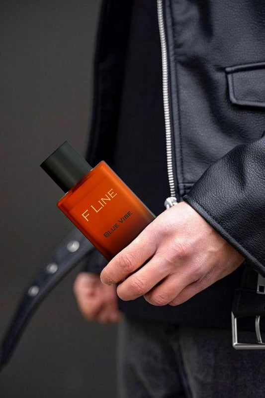F Line Blue Vibe Fragrance Bottle in Hand Emitting a Long-Lasting Blue Vibe Scent