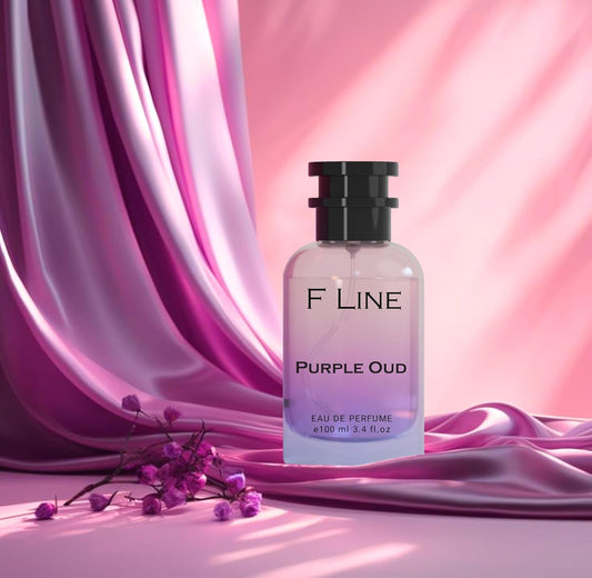 F Line Purple Oud Perfume 100ml bottle on a soft purple silk backdrop
